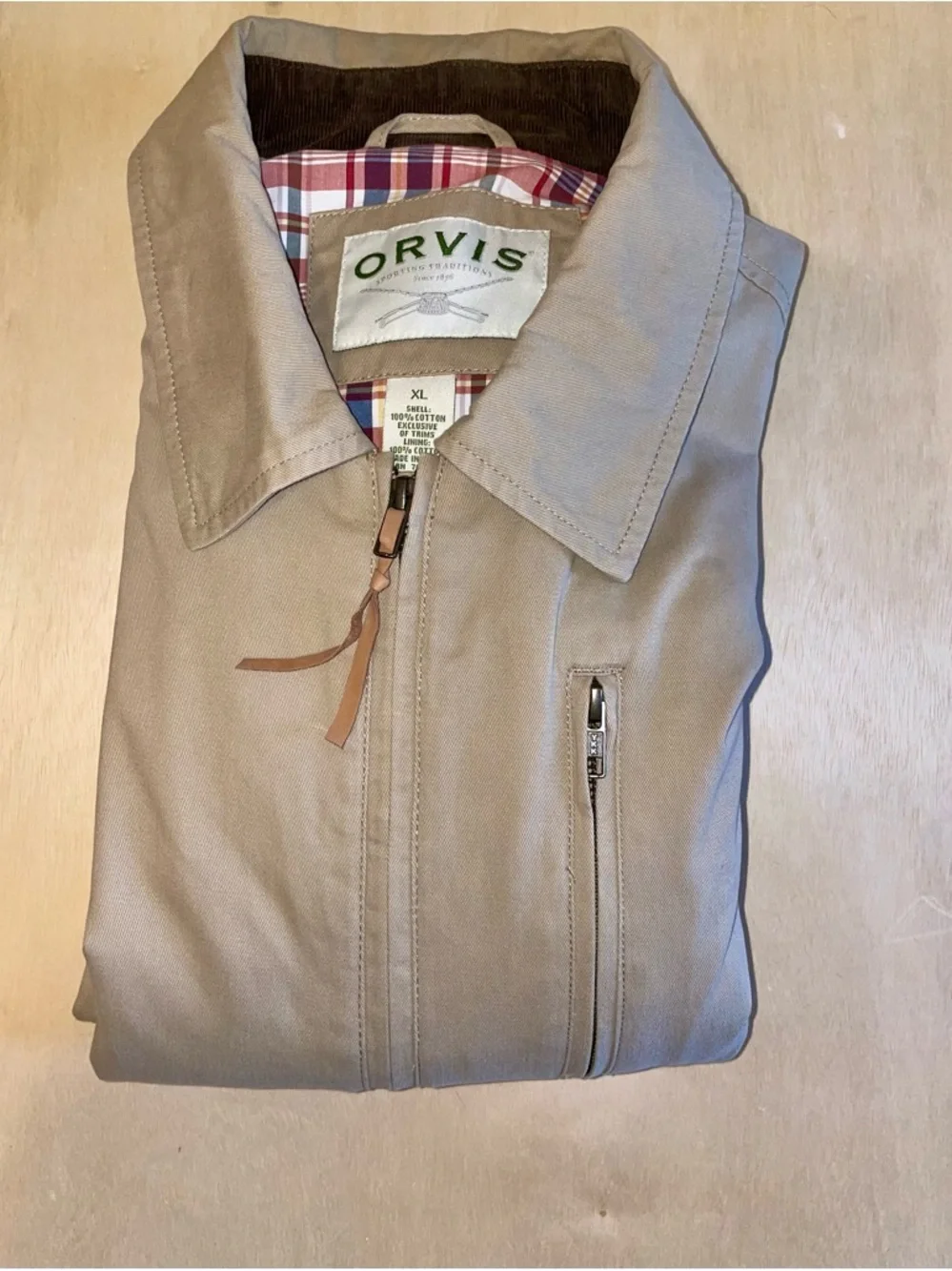 Orvis Tan Cotton Jacket with Red & Navy Plaid Lining - Picture 13 of 13